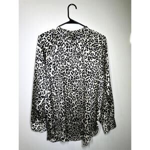 LOFT M Satin Top Blouse Bronze Leopard High Neck Pleated Y2K